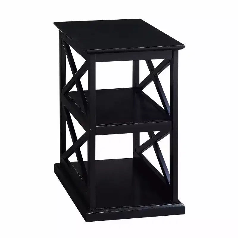 Table d'appoint avec étagères, cadre en X double, rangement à trois niveaux pour décor de transition