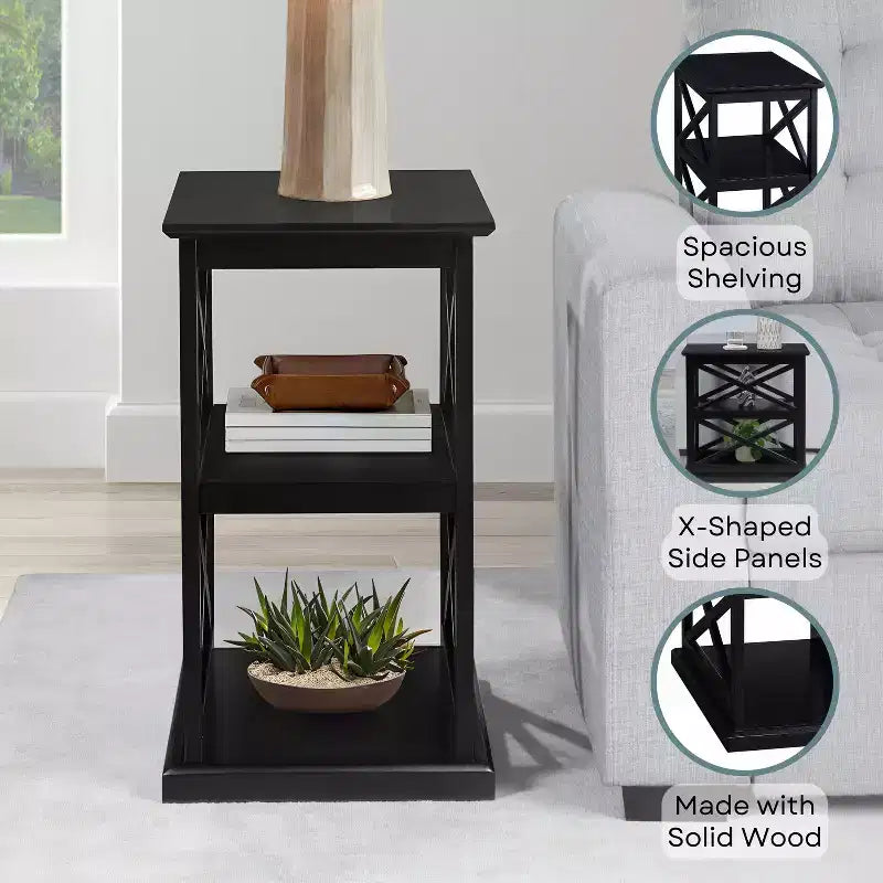 Table d'appoint avec étagères, cadre en X double, rangement à trois niveaux pour décor de transition