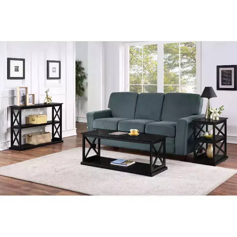 Table d'appoint avec étagères, cadre en X double, rangement à trois niveaux pour décor de transition
