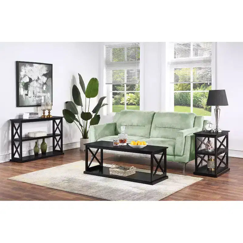 Table d'appoint avec étagères, cadre en X double, rangement à trois niveaux pour décor de transition