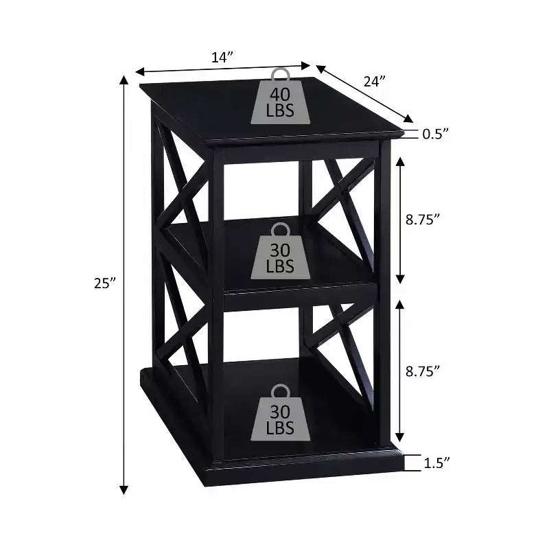 Table d'appoint avec étagères, cadre en X double, rangement à trois niveaux pour décor de transition