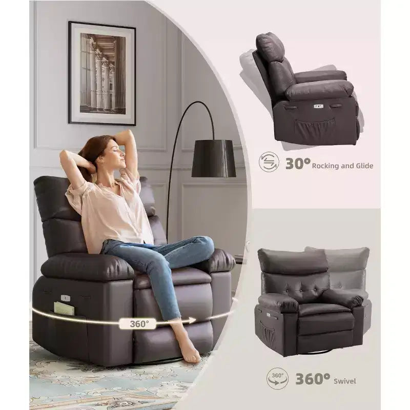 Fauteuil inclinable, pivotant et basculant extra large avec fonction massage, en similicuir, pour adultes