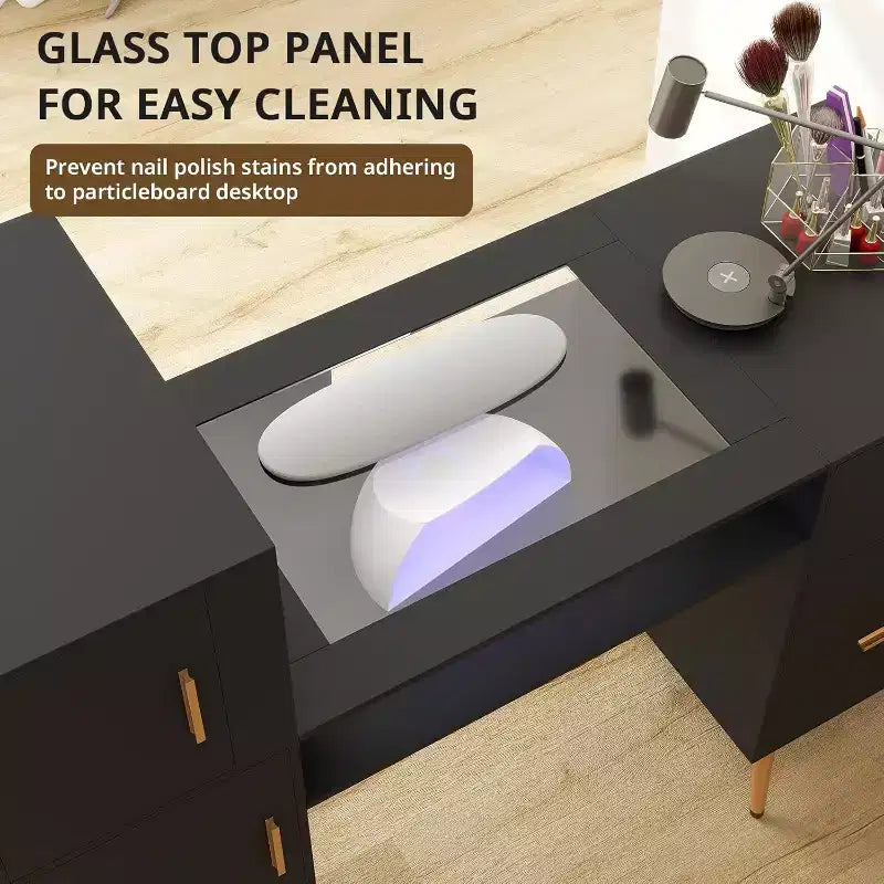 Table à ongles portable avec tiroirs, plateau en verre et repose-poignet, station à ongles avec poignées et pieds en métal