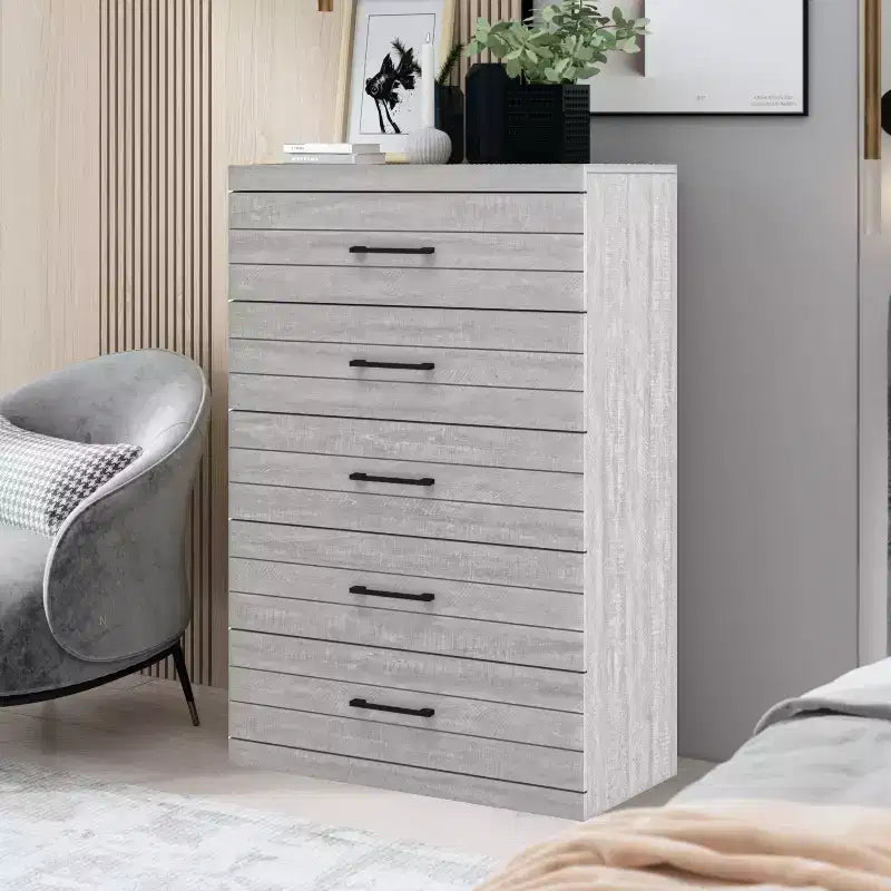 Commode 5 tiroirs avec sécurité interlock - Chêne gris poudré