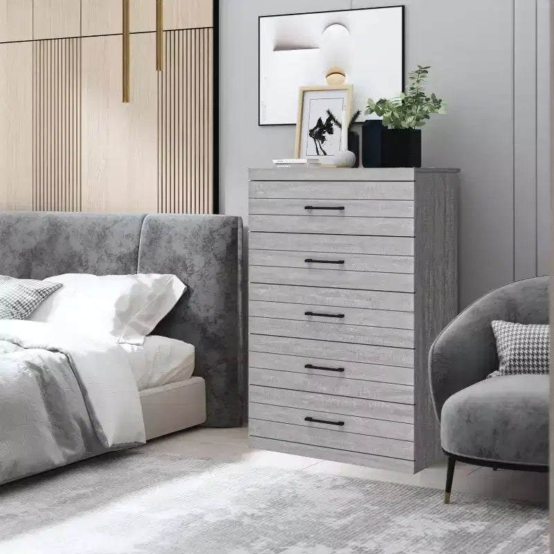 Commode 5 tiroirs avec sécurité interlock - Chêne gris poudré