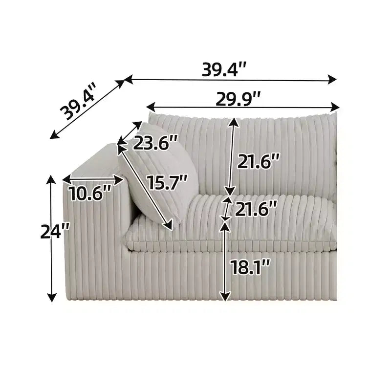 Canapé nuage en velours côtelé blanc de 300 cm, assise profonde, coussin double couche amovible, aucun assemblage requis, multi-pièces