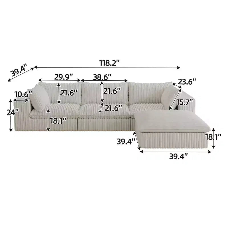 Canapé nuage en velours côtelé blanc de 300 cm, assise profonde, coussin double couche amovible, aucun assemblage requis, multi-pièces