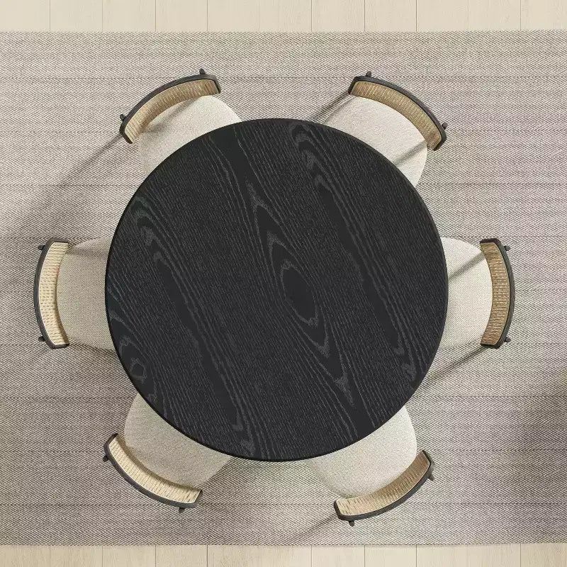 Table à manger ronde en bois de 52 po pour 4-6 personnes, noire - Plateau Arc-Edge et piédestal cannelé
