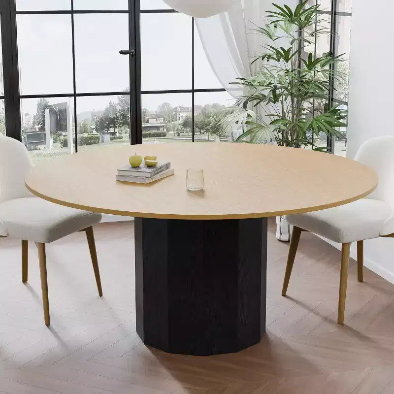Table à manger ronde 60" en bois massif pour 6-8 personnes, naturelle - Piétement cylindrique