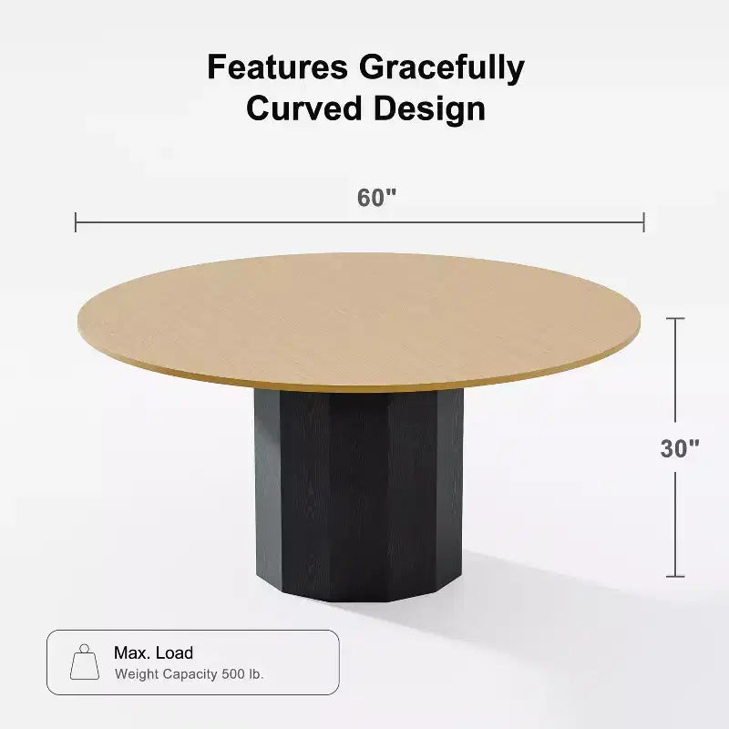 Table à manger ronde 60" en bois massif pour 6-8 personnes, naturelle - Piétement cylindrique