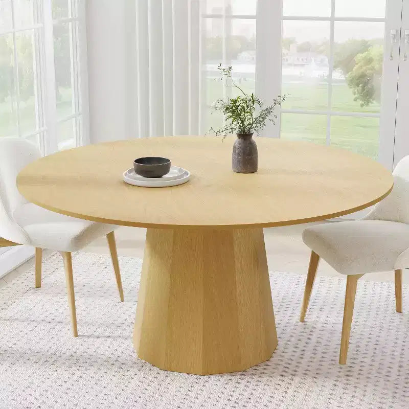 Table à manger ronde 60" en bois massif pour 6-8 personnes, naturelle - Piétement conique