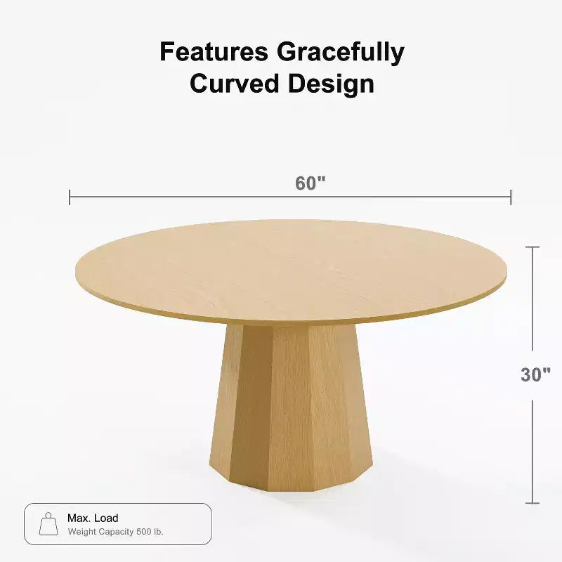Table à manger ronde 60" en bois massif pour 6-8 personnes, naturelle - Piétement conique