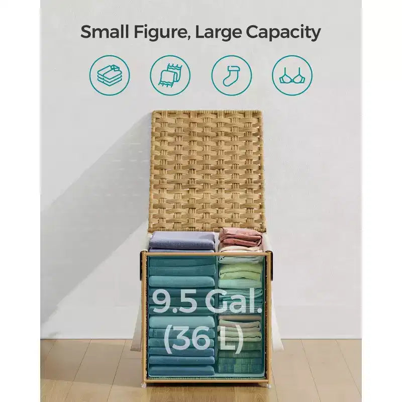 Panier à linge pliable avec couvercle et sac amovible, panier en rotin synthétique de 36 litres pour petits espaces, jaune oie