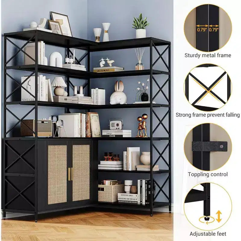 Étagère d'angle en forme de L à 6 niveaux, bibliothèque industrielle pour bureau à domicile, salon, cuisine