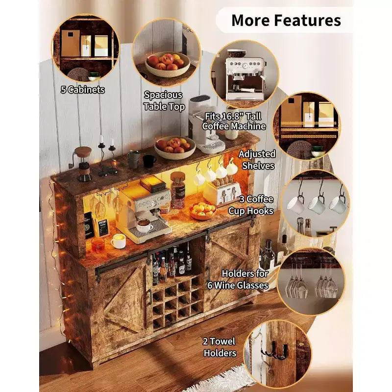 Meuble de bar à café de ferme de 55" avec prise de courant et lumières LED - Porte coulissante de grange, casier à vin, station de recharge USB | Noir/Marron/Blanc