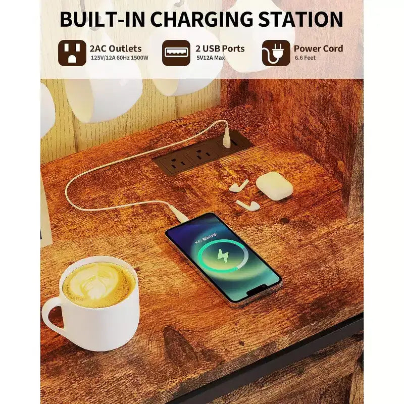 Meuble de bar à café de ferme de 55" avec prise de courant et lumières LED - Porte coulissante de grange, casier à vin, station de recharge USB | Noir/Marron/Blanc