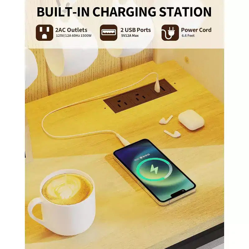 Meuble de bar à café de ferme de 55" avec prise de courant et lumières LED - Porte coulissante de grange, casier à vin, station de recharge USB | Noir/Marron/Blanc