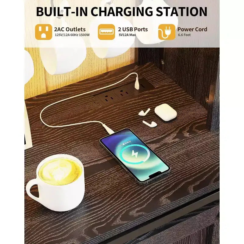 Meuble de bar à café de ferme de 55" avec prise de courant et lumières LED - Porte coulissante de grange, casier à vin, station de recharge USB | Noir/Marron/Blanc