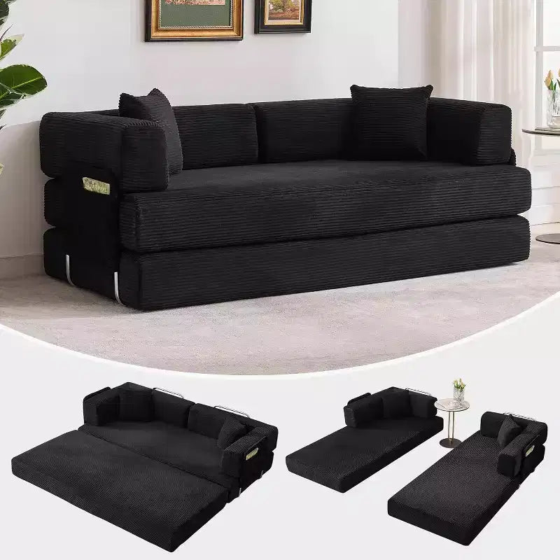 Canapé-lit convertible 200 cm avec oreillers, canapé de sol 5-en-1 en velours côtelé, causeuse matelas pliant avec cadre à forme fixe, aucun assemblage requis