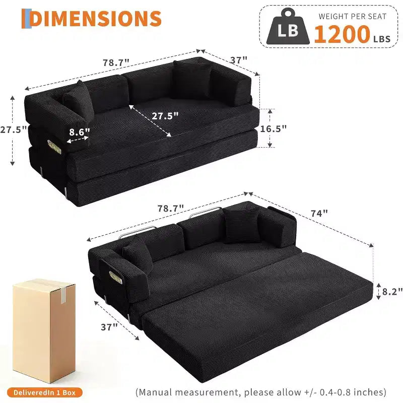 Canapé-lit convertible 200 cm avec oreillers, canapé de sol 5-en-1 en velours côtelé, causeuse matelas pliant avec cadre à forme fixe, aucun assemblage requis