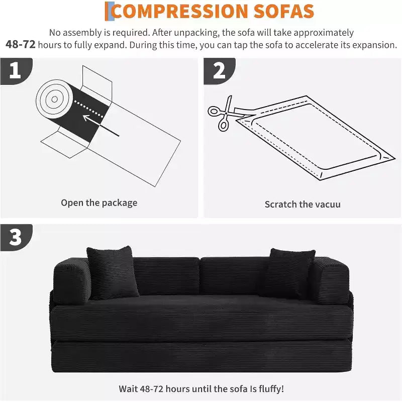 Canapé-lit convertible 200 cm avec oreillers, canapé de sol 5-en-1 en velours côtelé, causeuse matelas pliant avec cadre à forme fixe, aucun assemblage requis