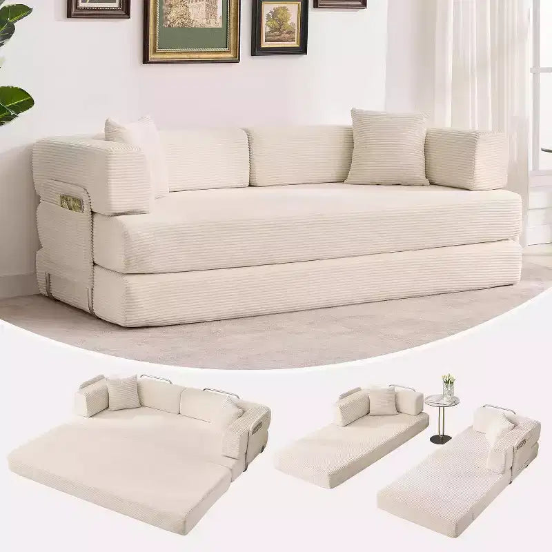 Canapé-lit convertible 200 cm avec oreillers, canapé de sol 5-en-1 en velours côtelé, causeuse matelas pliant avec cadre à forme fixe, aucun assemblage requis