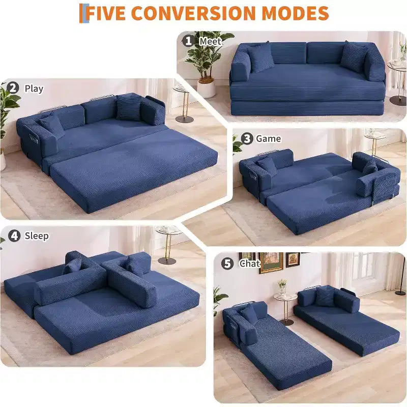 Canapé-lit convertible 200 cm avec oreillers, canapé de sol 5-en-1 en velours côtelé, causeuse matelas pliant avec cadre à forme fixe, aucun assemblage requis