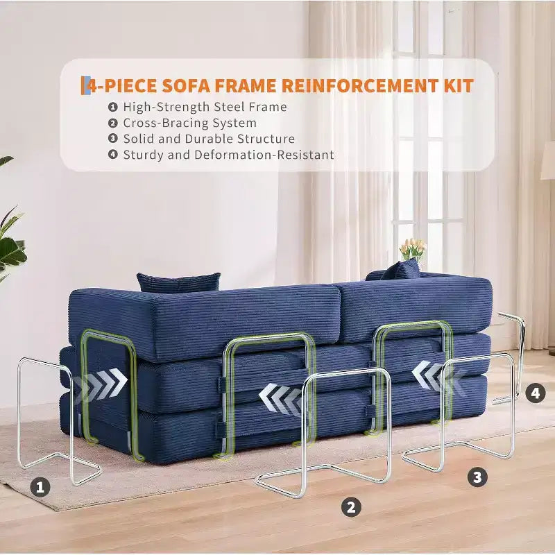 Canapé-lit convertible 200 cm avec oreillers, canapé de sol 5-en-1 en velours côtelé, causeuse matelas pliant avec cadre à forme fixe, aucun assemblage requis