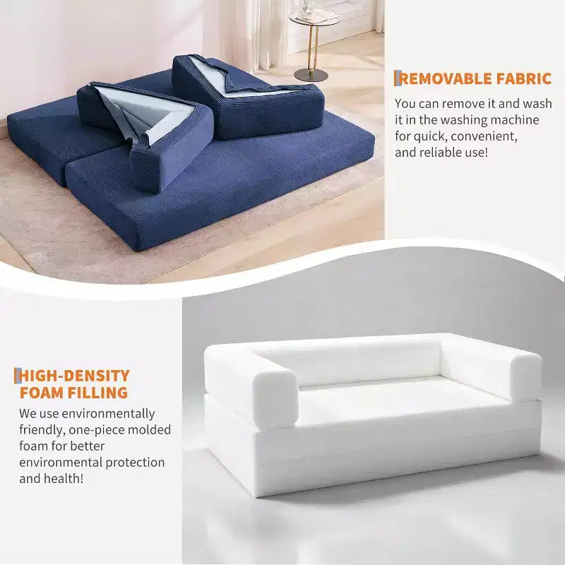 Canapé-lit convertible 200 cm avec oreillers, canapé de sol 5-en-1 en velours côtelé, causeuse matelas pliant avec cadre à forme fixe, aucun assemblage requis