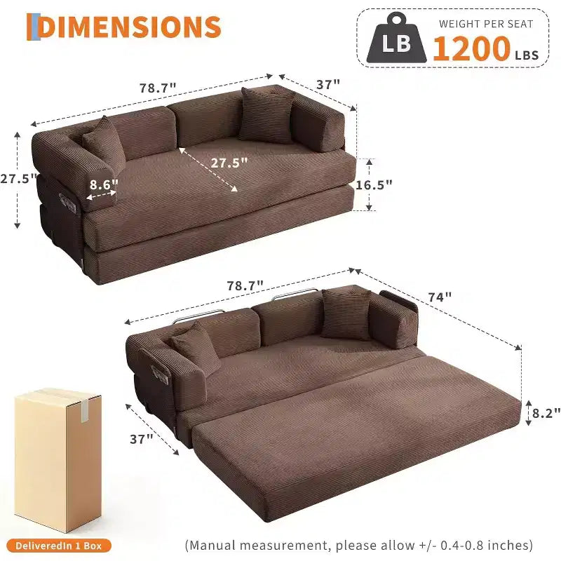 Canapé-lit convertible 200 cm avec oreillers, canapé de sol 5-en-1 en velours côtelé, causeuse matelas pliant avec cadre à forme fixe, aucun assemblage requis