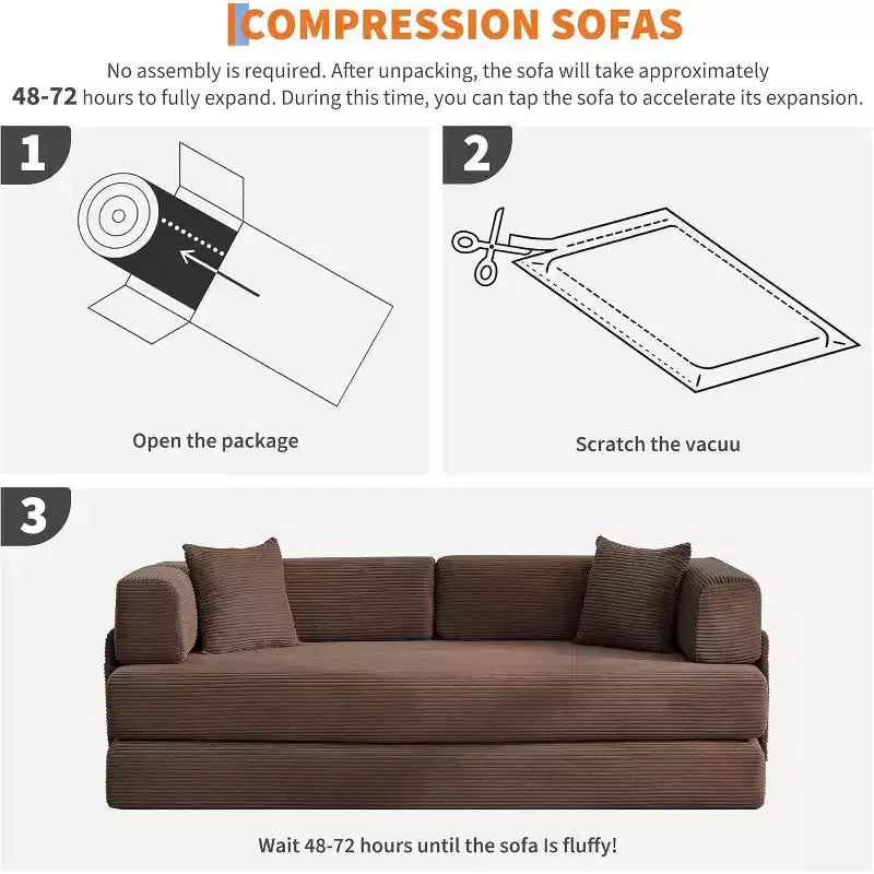 Canapé-lit convertible 200 cm avec oreillers, canapé de sol 5-en-1 en velours côtelé, causeuse matelas pliant avec cadre à forme fixe, aucun assemblage requis
