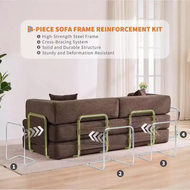 Canapé-lit convertible 200 cm avec oreillers, canapé de sol 5-en-1 en velours côtelé, causeuse matelas pliant avec cadre à forme fixe, aucun assemblage requis