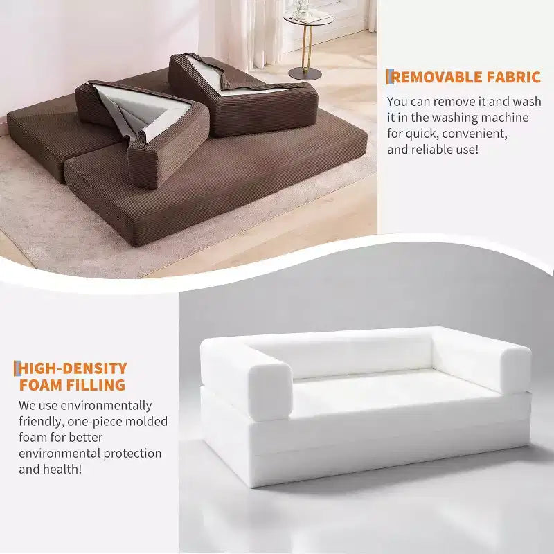Canapé-lit convertible 200 cm avec oreillers, canapé de sol 5-en-1 en velours côtelé, causeuse matelas pliant avec cadre à forme fixe, aucun assemblage requis