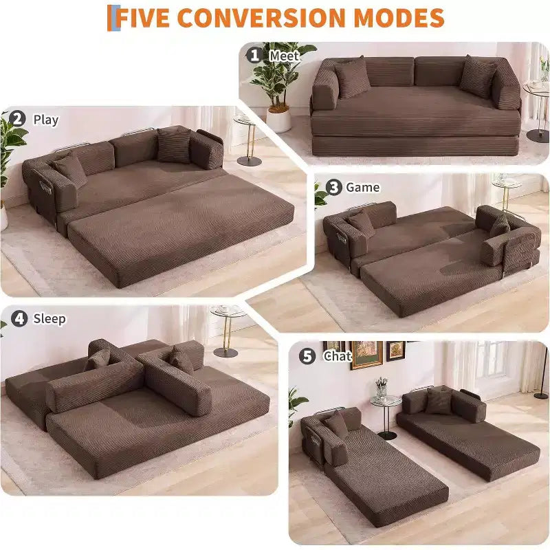 Canapé-lit convertible 200 cm avec oreillers, canapé de sol 5-en-1 en velours côtelé, causeuse matelas pliant avec cadre à forme fixe, aucun assemblage requis