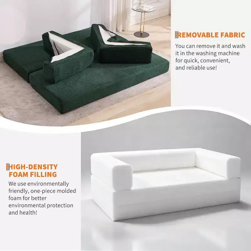 Canapé-lit convertible 200 cm avec oreillers, canapé de sol 5-en-1 en velours côtelé, causeuse matelas pliant avec cadre à forme fixe, aucun assemblage requis