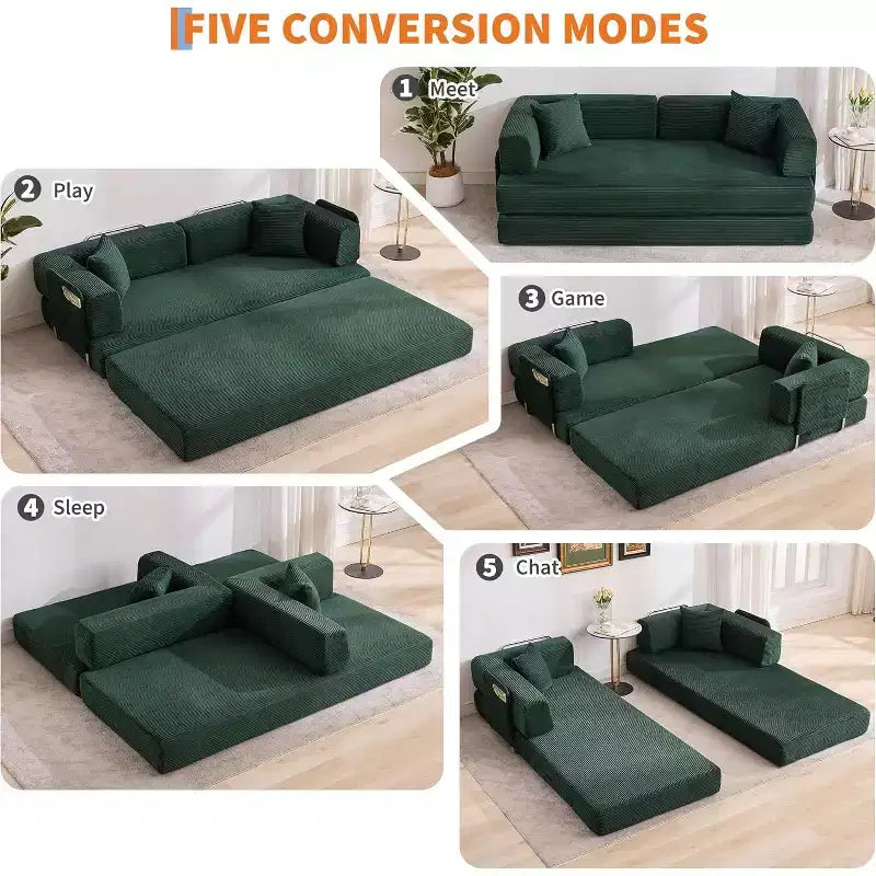 Canapé-lit convertible 200 cm avec oreillers, canapé de sol 5-en-1 en velours côtelé, causeuse matelas pliant avec cadre à forme fixe, aucun assemblage requis