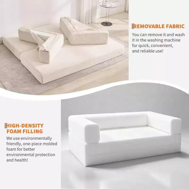 Canapé-lit convertible 200 cm avec oreillers, canapé de sol 5-en-1 en velours côtelé, causeuse matelas pliant avec cadre à forme fixe, aucun assemblage requis