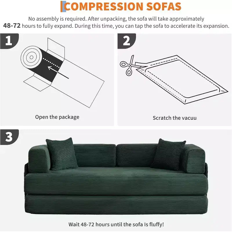 Canapé-lit convertible 200 cm avec oreillers, canapé de sol 5-en-1 en velours côtelé, causeuse matelas pliant avec cadre à forme fixe, aucun assemblage requis