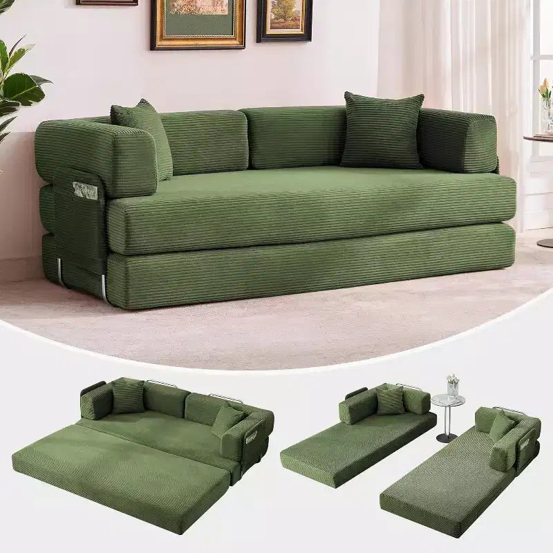 Canapé-lit convertible 200 cm avec oreillers, canapé de sol 5-en-1 en velours côtelé, causeuse matelas pliant avec cadre à forme fixe, aucun assemblage requis