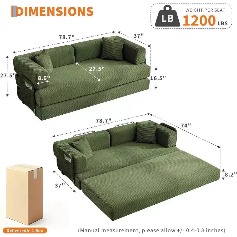 Canapé-lit convertible 200 cm avec oreillers, canapé de sol 5-en-1 en velours côtelé, causeuse matelas pliant avec cadre à forme fixe, aucun assemblage requis