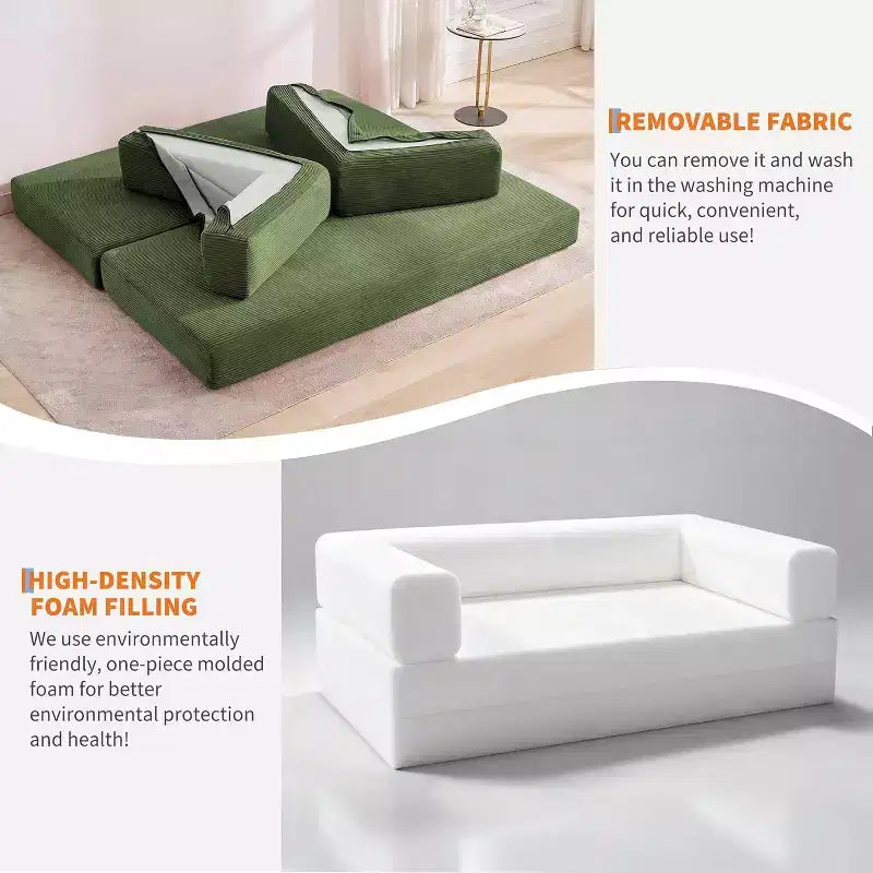 Canapé-lit convertible 200 cm avec oreillers, canapé de sol 5-en-1 en velours côtelé, causeuse matelas pliant avec cadre à forme fixe, aucun assemblage requis