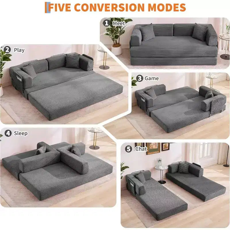 Canapé-lit convertible 200 cm avec oreillers, canapé de sol 5-en-1 en velours côtelé, causeuse matelas pliant avec cadre à forme fixe, aucun assemblage requis