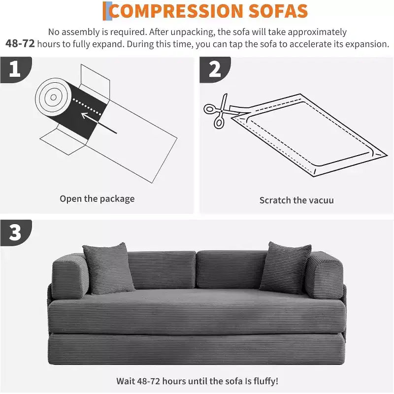 Canapé-lit convertible 200 cm avec oreillers, canapé de sol 5-en-1 en velours côtelé, causeuse matelas pliant avec cadre à forme fixe, aucun assemblage requis