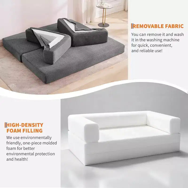 Canapé-lit convertible 200 cm avec oreillers, canapé de sol 5-en-1 en velours côtelé, causeuse matelas pliant avec cadre à forme fixe, aucun assemblage requis