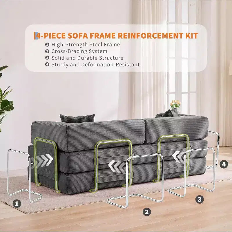 Canapé-lit convertible 200 cm avec oreillers, canapé de sol 5-en-1 en velours côtelé, causeuse matelas pliant avec cadre à forme fixe, aucun assemblage requis