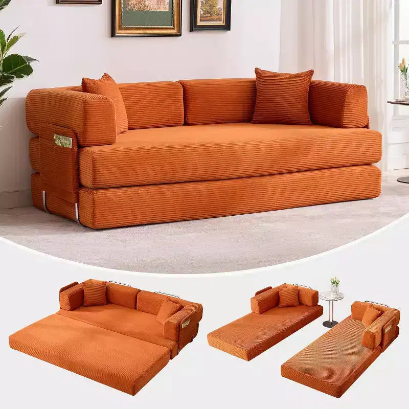 Canapé-lit convertible 200 cm avec oreillers, canapé de sol 5-en-1 en velours côtelé, causeuse matelas pliant avec cadre à forme fixe, aucun assemblage requis