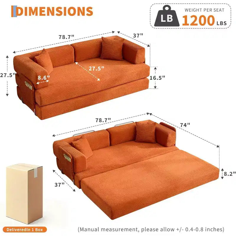 Canapé-lit convertible 200 cm avec oreillers, canapé de sol 5-en-1 en velours côtelé, causeuse matelas pliant avec cadre à forme fixe, aucun assemblage requis