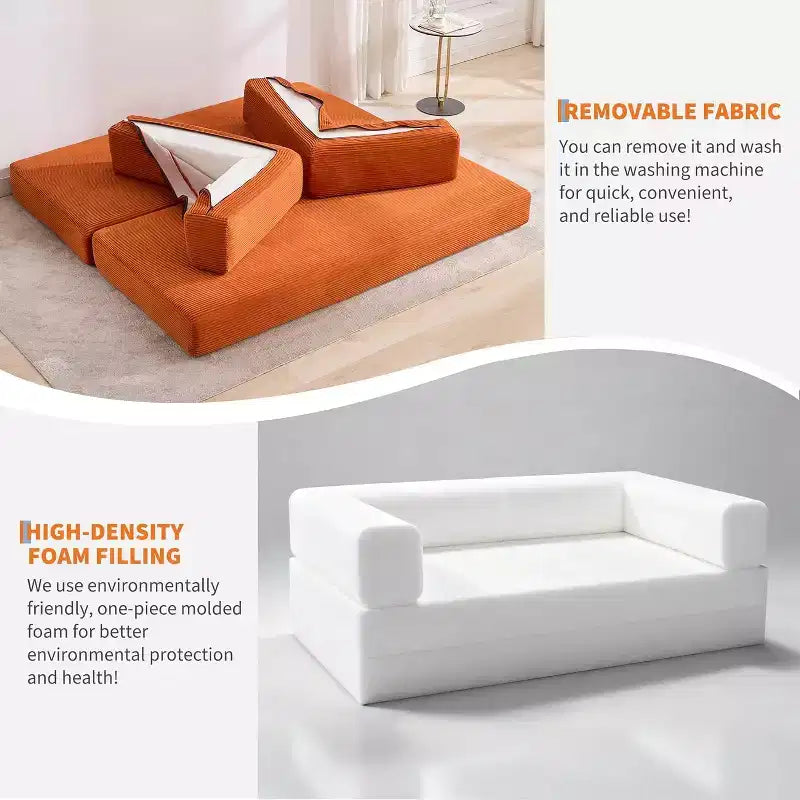 Canapé-lit convertible 200 cm avec oreillers, canapé de sol 5-en-1 en velours côtelé, causeuse matelas pliant avec cadre à forme fixe, aucun assemblage requis