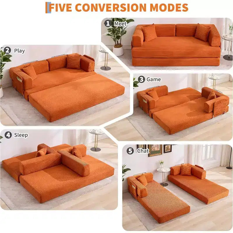 Canapé-lit convertible 200 cm avec oreillers, canapé de sol 5-en-1 en velours côtelé, causeuse matelas pliant avec cadre à forme fixe, aucun assemblage requis