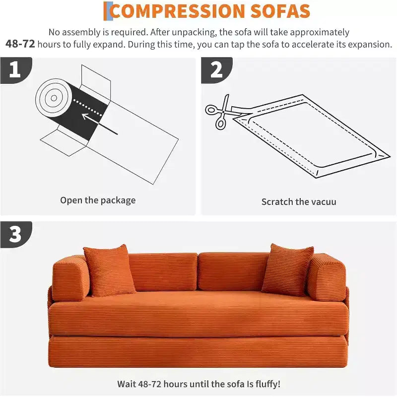 Canapé-lit convertible 200 cm avec oreillers, canapé de sol 5-en-1 en velours côtelé, causeuse matelas pliant avec cadre à forme fixe, aucun assemblage requis